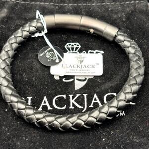 Blackjack BJB237BB Mens Black Leather Stainless Steel Extendable Bracelet NIBWT